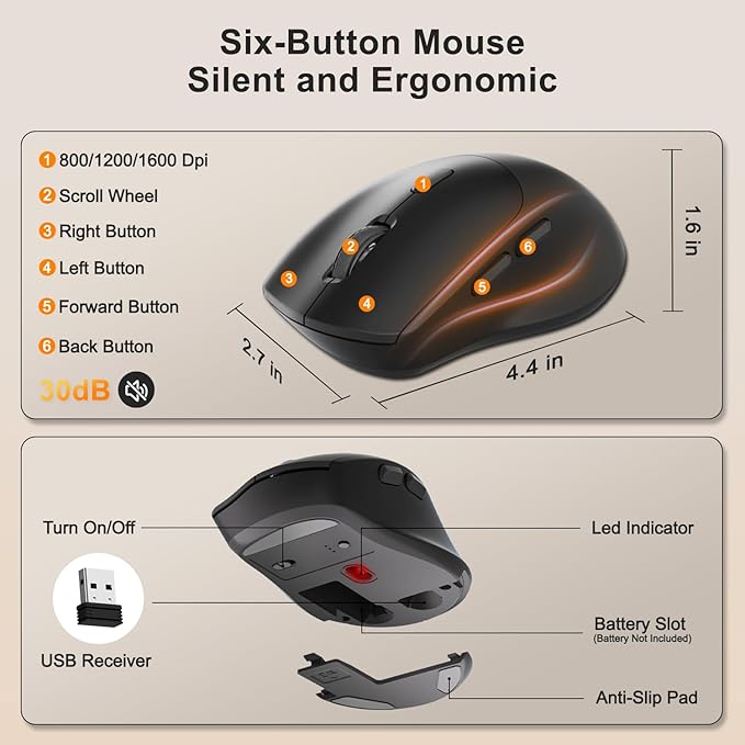 Wireless Keyboard and Mouse Combo, 2.4G Full Size Wave Keys Ergonomic Keyboard with Wrist Rest, Phone Holder, 3-Level DPI Wireless Silent Mouse with 6-Buttons, for Windows, Mac OS (Orange Black)