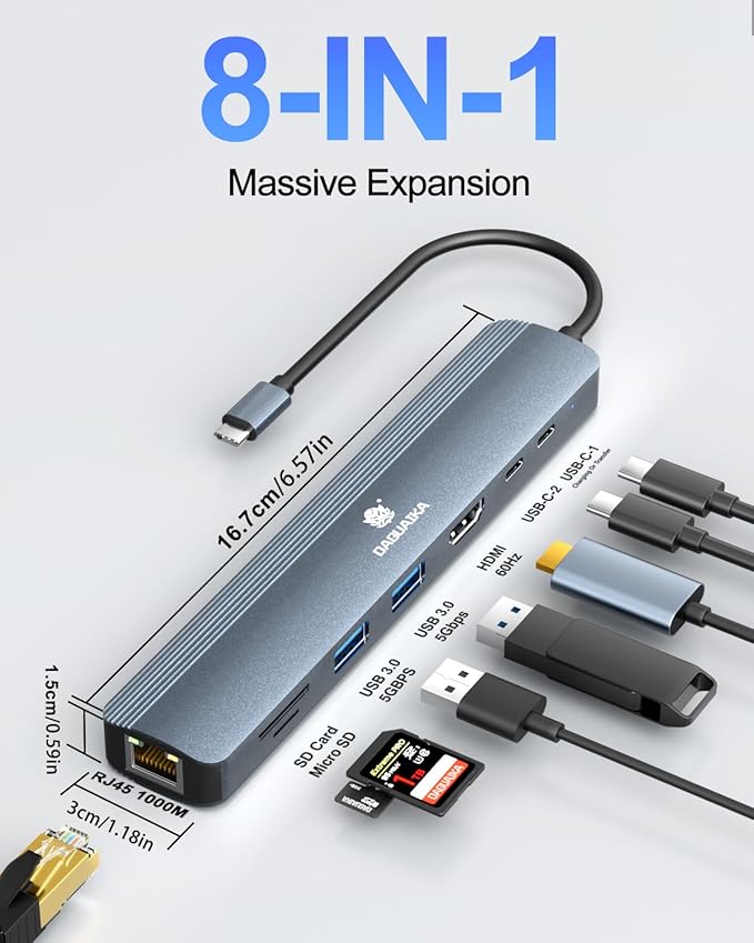 Laptop USB C Hub, 8-in-1 Docking Station, 1000Mbps Ethernet, HDMI 4K60Hz, 2 USB 3.0 + 2 USB-C Ports Adapter, PD 100W MAX Charging(Data), SD/TF Card Reader for MacBook Pro/Dell XPS/HP/Lenovo etc