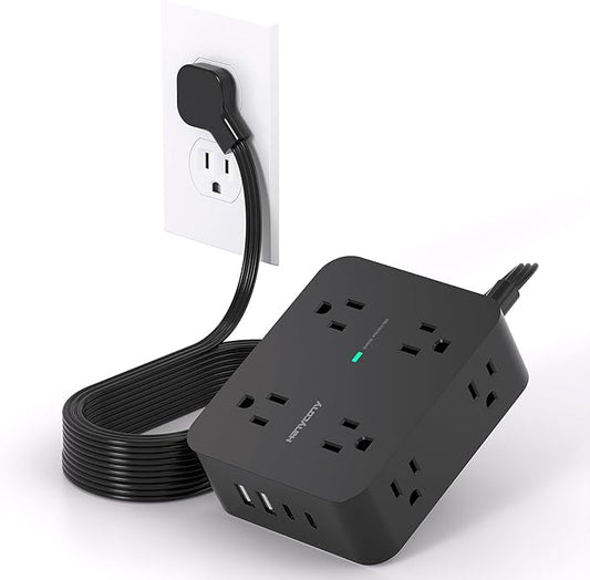 10 Ft Power Strip Long Cord, HANYCONY Extension Cord Surge Protector with Flat Plug, 8 Outlets 4 USB Charging Station(2 USB C), Wall Multiple Plug Outlet Extender for Home Office Desk