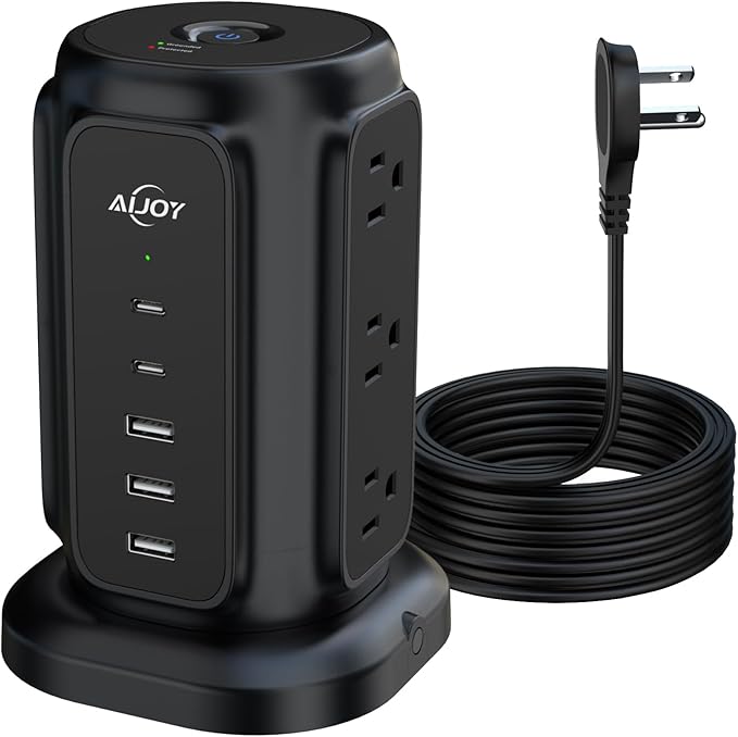AiJoy Tower Surge Protector Power Strip, 14-Device Charging Station with 9 AC Outlets & 5 USB (2 USB-C), 1200J Surge Protection, 6.5FT Flat Plug Extension Cord, Wide-Spaced Outlets, Individual Switch