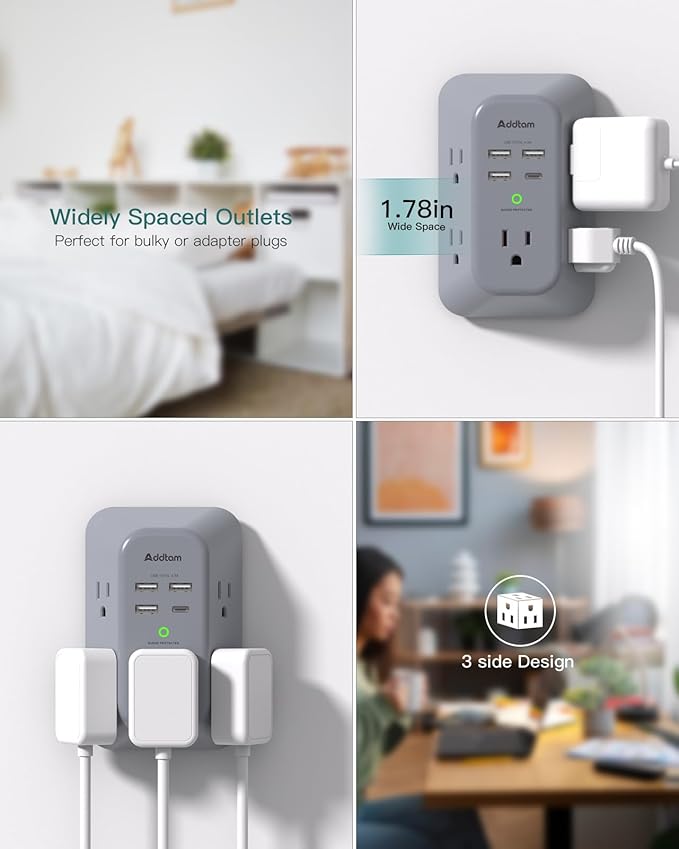 Addtam Surge Protector Outlet Extender, Multi Plug Wall Outlet with 4 USB Ports(1 USB-C), 3-Sided 1800J Power Strip Plug Extension Outlet Splitter, Gray