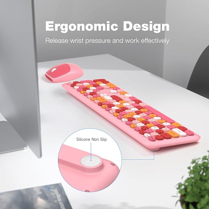 Wireless Keyboard and Mouse Combo - MOFII Pink Full-Sized Plug and Play Colorful Keyboard - Silence Keycap Keyboards with USB-A 2.4G Receiver, for Laptop, Windows, PC, Desktop