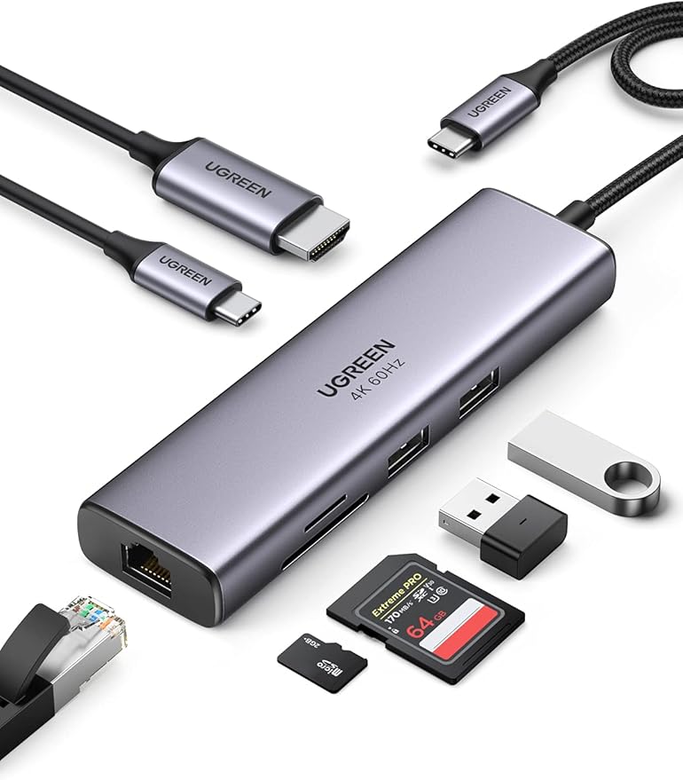 UGREEN Revodok 7 in 1 USB C Hub Gigabit Ethernet Adapter 4K@60Hz HDMI, 100W PD Charging, USB A Data Ports, SD/TF Card Reader Compatible with Mac M1, M2, M3, iPad, iPhone 15 Pro/Pro Max, Steam Deck