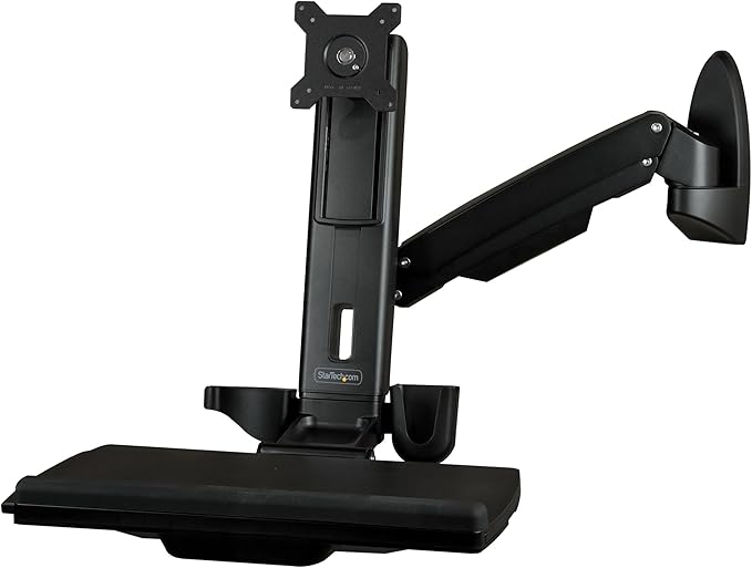 StarTech.com Wall Mount Workstation - Articulating Full Motion Standing Desk with Ergonomic Height Adjustable Monitor & Keyboard Tray Arm - Mouse & Scanner Holders - Single VESA Display, TAA
