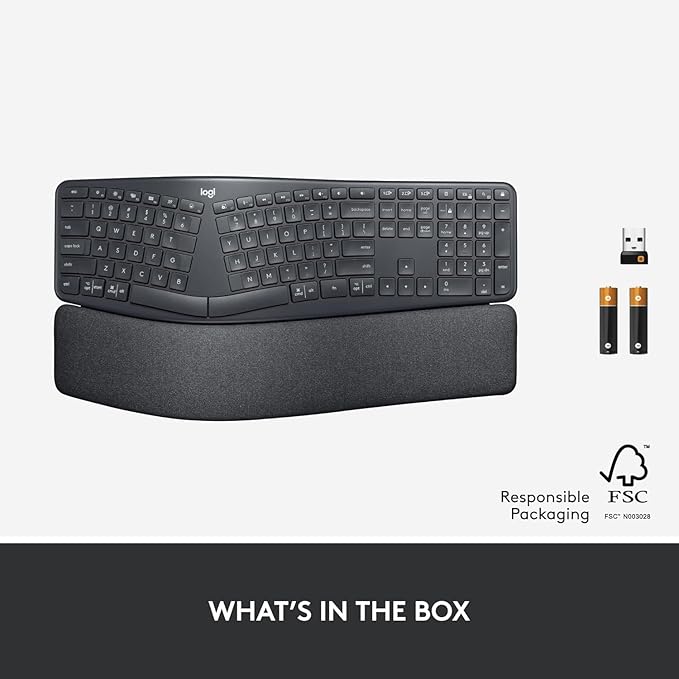 Logitech Ergo K860 Wireless Ergonomic Keyboard with Wrist Rest - Split Keyboard Layout for Windows/Mac, Bluetooth or USB Connectivity (Renewed)