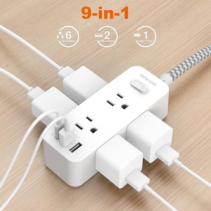 15Ft Extension Cord, BESHON Power Strip Surge Protector, 6 Outlets with 3 USB Ports(1 USB C Outlet), 3-Side Outlet Extender, Wall Mount, Compact for Home, College Dorm Room