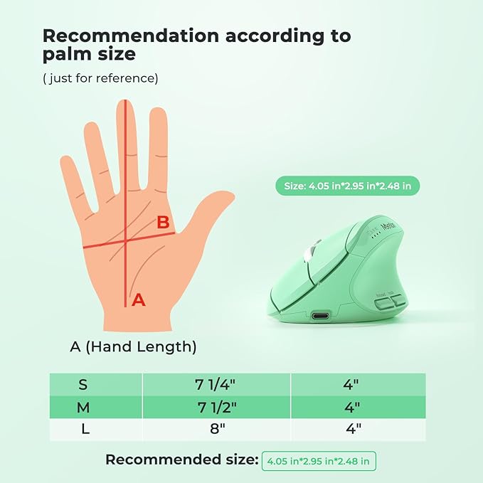 MEETION Ergonomic Wireless Mouse, Bluetooth Vertical Rechargeable Mice, 4 Adjustable DPI 800-2400, Bluetooth 5.2+5.2+USB Mouse for Windows/Mac, for Laptop/PC/Desktop/Computer/iPad -Green