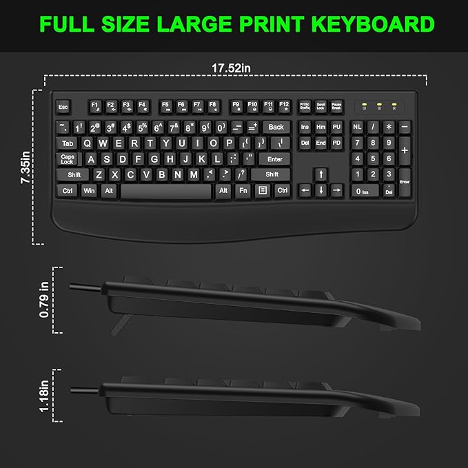 Large Print Ergonomic Keyboard, Full Size Keyboard with Wrist Rest, Silent Wired USB Computer Keyboard Oversized Letter Keys 4X Larger Easy to See & Type for Laptop, PC, Windows, Desktop