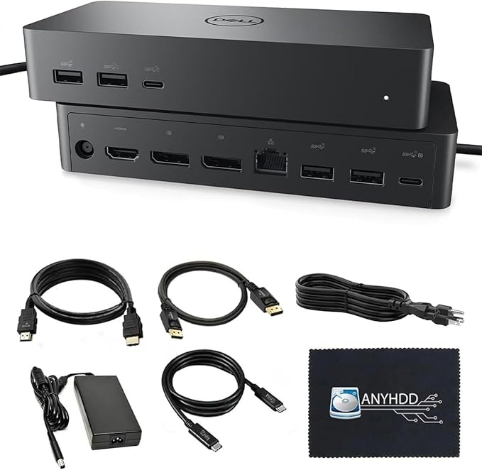 UD22 Dell Docking Station Dual Monitor Bundle - USB-C/USB-A Universal Dell Dock for Laptops Comes with 130W Adapter + Anyhdd HDMI, DisplayPort, USB-C Cables & Cloth - Supports Dual/Triple/4 Monitors