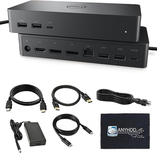 UD22 Dell Docking Station Dual Monitor Bundle - USB-C/USB-A Universal Dell Dock for Laptops Comes with 130W Adapter + Anyhdd HDMI, DisplayPort, USB-C Cables & Cloth - Supports Dual/Triple/4 Monitors