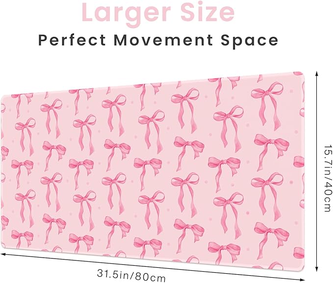 Pink Desk Mat with Bows, Cute Bow Mouse Pad for Computer Laptop PC Non-Slip Rubber Base Gaming Keyboard Pad, Large Office Mat Girly Décor Office Supplies Accessories for Teen Girls Women 31.5 x 15.7in