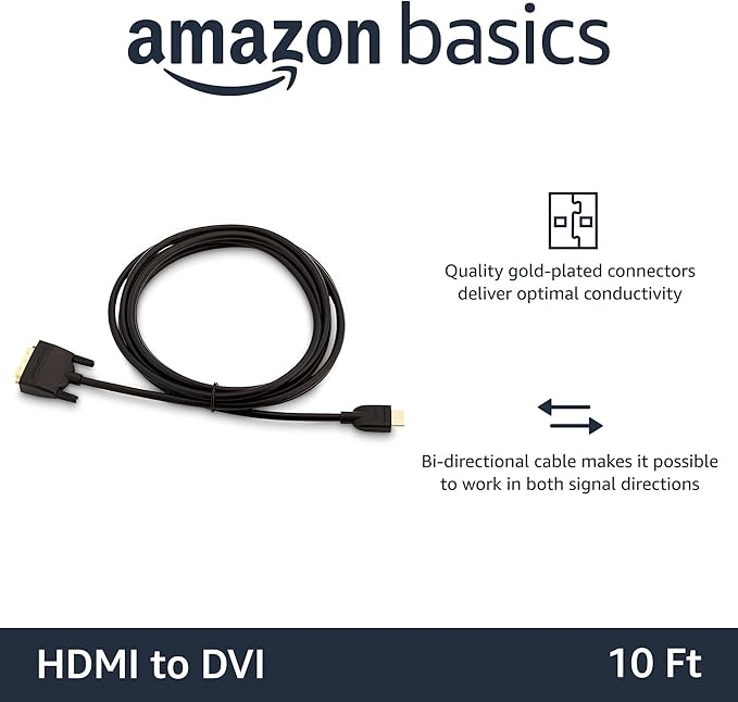 Amazon Basics HDMI to DVI Adapter Cable, Bi-Directional 1080P, Gold-Plated Connectors, 10 ft/3 m, Black