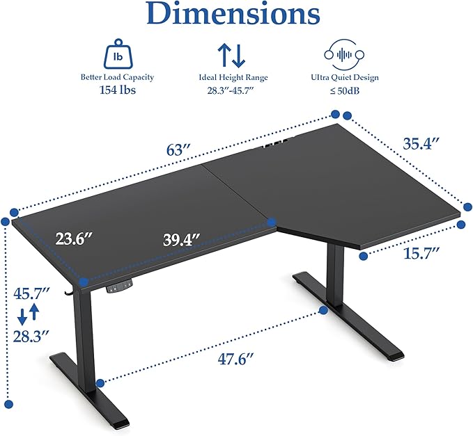 Klicelor 63 Inch L Shaped Standing Desk, Adjustable Height Corner Desk for Home Office Workstation, Sit Stand Desk with Two-Piece Desktop, Black