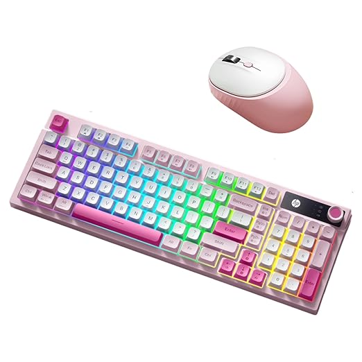 HP K500F Wireless RGB Keyboard, Tri-Mode (2.4G/BT/Wired), 99 Keys Membrane Keyboard with Volume Knob, 3000mAh Battery, Adjustable RGB Breathing Light, Round Keycaps, Windows Compatible, Pink