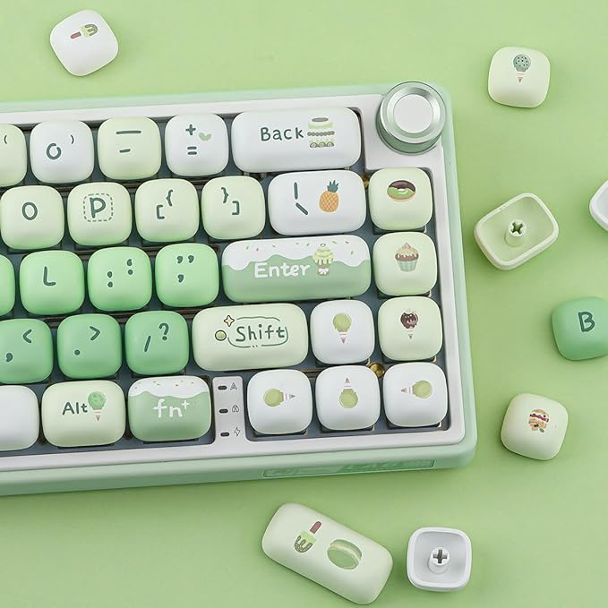 PBT Keycaps 144 Keys Cute Green Dessert Cream Keycaps Dye-Sublimation MOG Profile Custom Round Keycap for MX Swithes Mechanical Gaming Keyboards