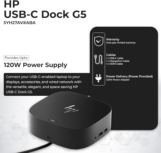 HP Docking Station for Laptop Dual Monitor and Charging Bundle - USB-C G5 Dock 5YH27AV#ABA with 120W Adapter + HDMI Cable + DisplayPort Cable + USB-C Cable + Microfiber Cloth (Renewed)