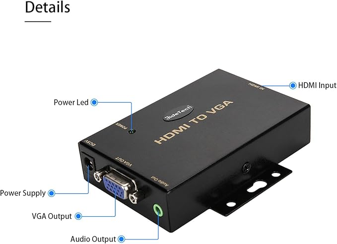 JideTech HDMI to VGA Converter with 3.5mm Audio Supports 1080P for PC Laptop Display Computer Mac Projector