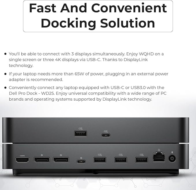 Dell Pro Dock WD25 USB-C Docking Station – 100W Power, Dual 4K Display Support, Includes Anyhdd HDMI, DisplayPort and C to C Cable, 3 Year Warranty