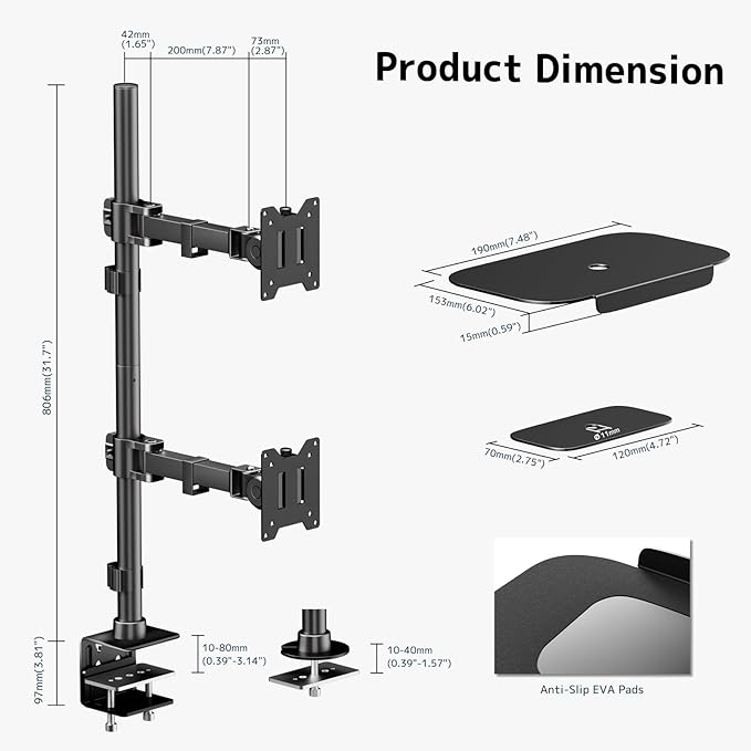 Vertical Dual Monitor Stand for Two 17-49'' Screens, Holds up to 44 lbs, WORLDLIFT Stacked Dual Monitor Mount with 31.7'' Long Pole, VESA 75/100mm