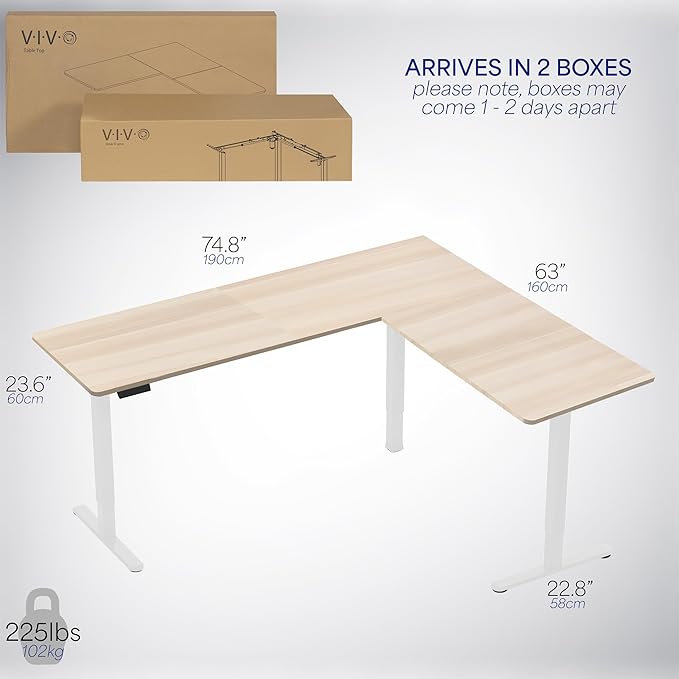 VIVO Corner Standing Desk, 75 x 63 inch Reversible L-Shaped Workstation, Electric Height Adjustment, Home, Office, and Reception Rooms, Light Wood Table Top White Frame, DESK-E3CTC-75