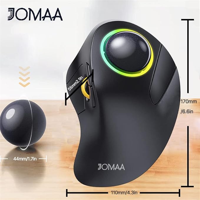 JOMAA Wireless Bluetooth Computer Trackball Mouse with RGB Backlight,Finger Control, 3 Device Switch, Silent Rechargeable Ergonomic Drawing Office Mouse for Laptop, Desktop Computer, Tablet Phone