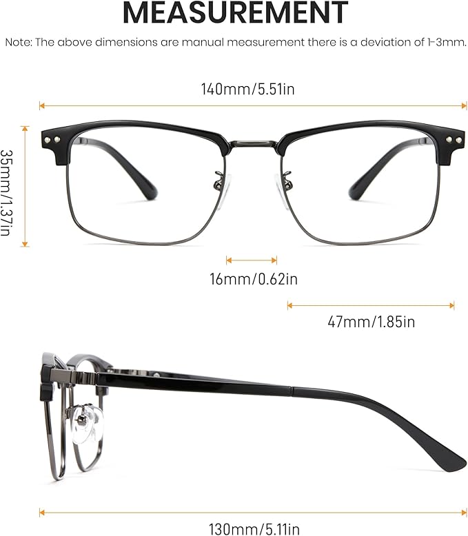 Cyxus Blue Light Blocking Glasses for Men Women, Half Rim Square Metal Frame Computer Gaming Glasses, Lightweight 8133