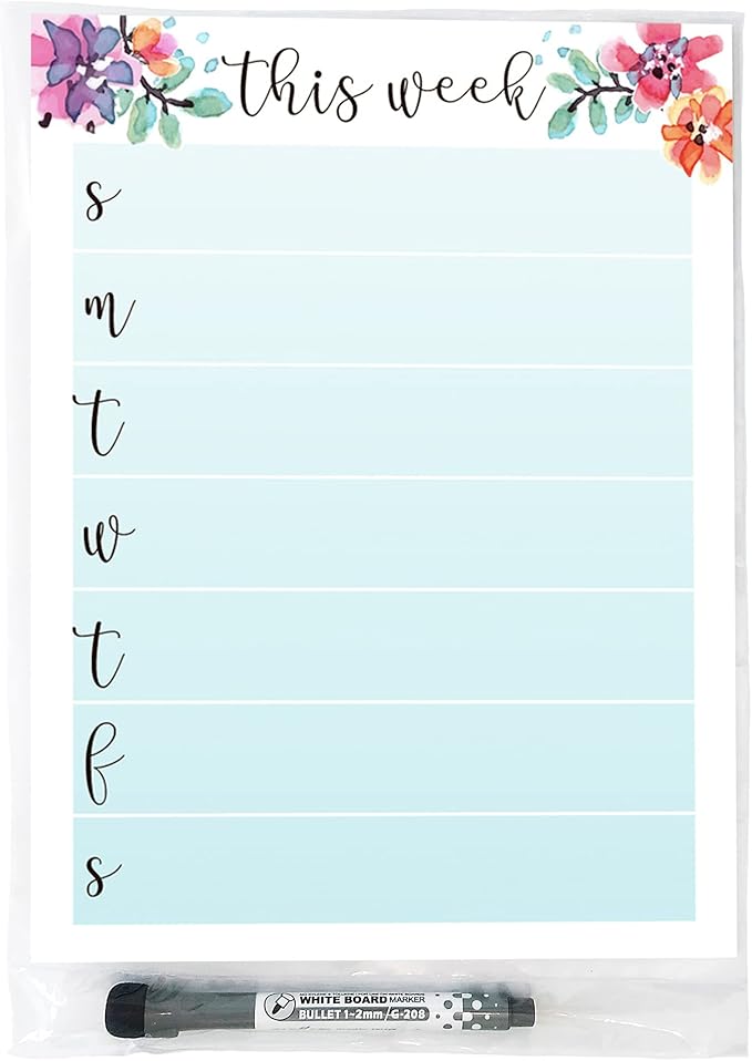 Dry Erase Weekly Calendar Planner Sticker Decal | Removable & Reusable | Magnetic Fine-Tip Marker Included (9 x 12 inches, Floral)