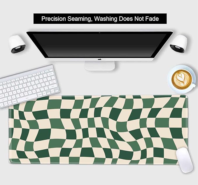 Sage Green Checkered Desk mat, Retro Boho Extra Large Mouse Pad, Abstract Wavy Desk Protector Pad, Minimal Pattern Aesthetic Writing Mat for Computer & Laptop Home Office, 31.5 X 11.8 in