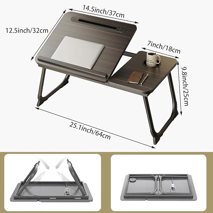 Laptop Desk for Bed, Adjustable Laptop Stand with 5 Different Angles, Portable Lap Tray Table with USB Charge Port and Cup Holder, Laptop Bed Desk Tray for Eating Working Writing (Black)