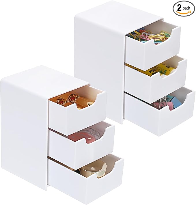 BTSKY 2 Pack Small Acrylic Storage Organizer with Drawers, 3-Layer White Desktop Organizer for Office Supplies Mini Storage Box with Drawers for Desk, Desktop Makeup Drawer Jewelry Storage Box