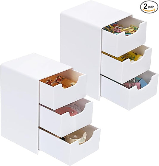 BTSKY 2 Pack Small Acrylic Storage Organizer with Drawers, 3-Layer White Desktop Organizer for Office Supplies Mini Storage Box with Drawers for Desk, Desktop Makeup Drawer Jewelry Storage Box