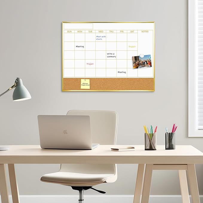 Dry Erase Calendar Whiteboard and Cork Board Combo, 24'' x 18'', Monthly White Board, Wall Hanging, Gold Aluminum Frame, for Home Office School