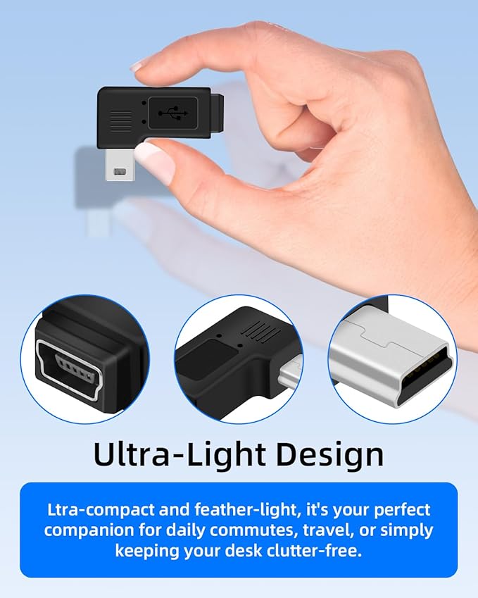 90 Degree Left Angle Mini USB Adapter,Mini USB 5 Pin Male to MINI USB Female Adapter for Dashcams,Bluetooth(2 PCS)