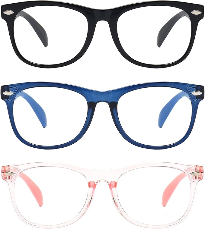 Kids Blue Light Blocking Glasses 3 Pack Fanngo Kids Computer Reading Glasses for Boys And Girls Age 3-9 (Black + Dark blue + Light powder)