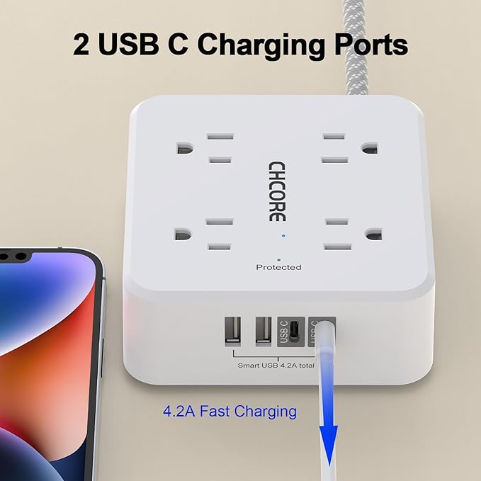 Surge Protector Power Strip - CHCORE 15Ft Braided Extension Cord with 8 Outlets with 4 USB (2 USB C) Charging Ports, Flat Plug Multi Plug Outlet Extender Charging Station for Home Office, ETL, White