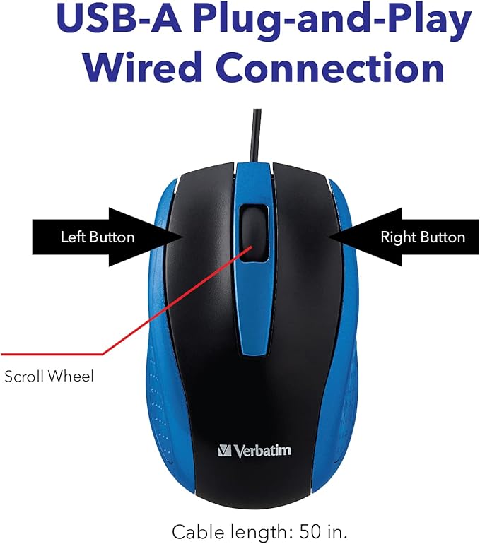 Verbatim Wired USB Computer Mouse - Corded USB Mouse for Laptops and PCs - Right or Left Hand Use, Blue 99743, 1.4" x 2.4" x 3.9"