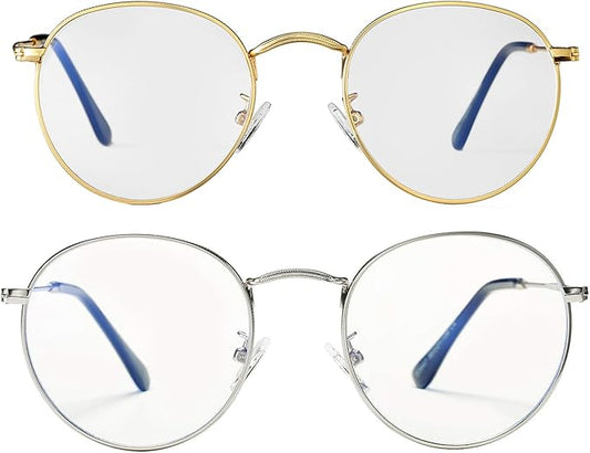 HJSTES Round Blue Light Glasses for Women Men Retro Circle Clear Lens Metal Frame Eyeglasses