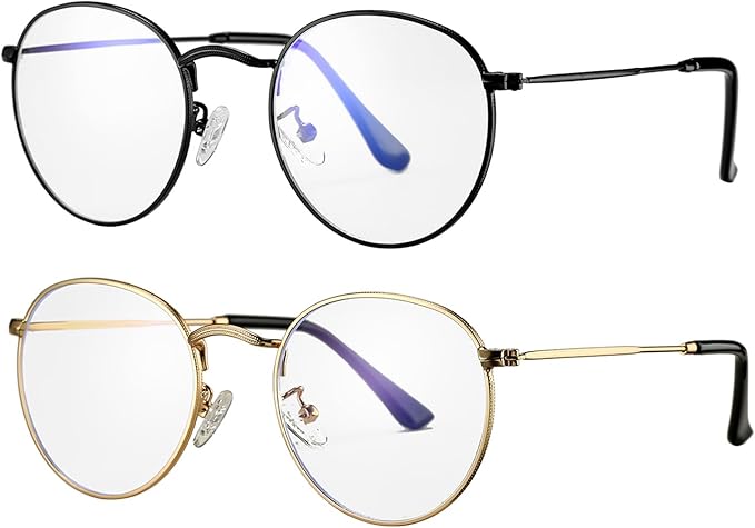 HJSTES Round Blue Light Glasses for Women Men Retro Circle Clear Lens Metal Frame Eyeglasses