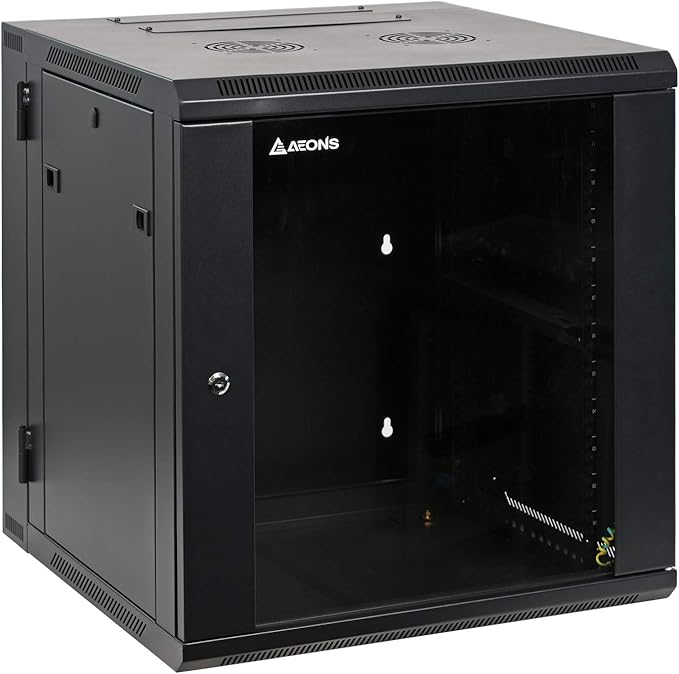 AEONS Depot 12U Professional Wall Mount Server Cabinet Enclosure Double Section Hinged Swing Out 19-Inch Server Network Rack with Locking Glass Door Black (Fully Assembled)