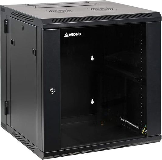 AEONS Depot 12U Professional Wall Mount Server Cabinet Enclosure Double Section Hinged Swing Out 19-Inch Server Network Rack with Locking Glass Door Black (Fully Assembled)