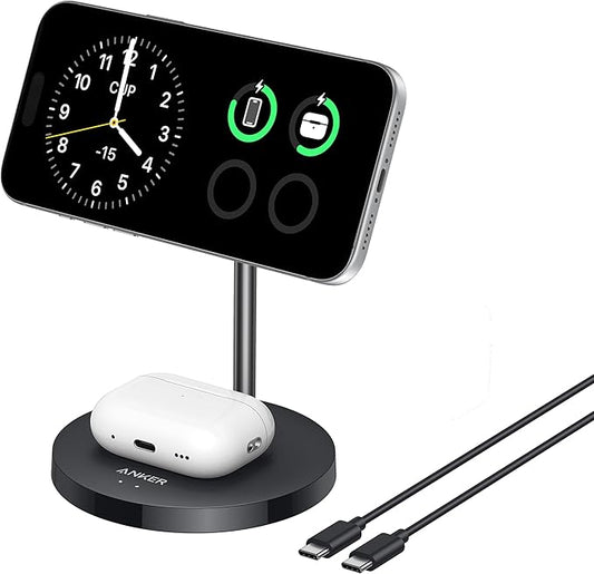 Anker MagSafe Compatible MagGo Charger Stand, iPhone 17 Wireless Charger, 2-in-1 Charging Station, Qi2 Certified 15W Fast Charging, for iPhone 17/16/15/14/13/12, AirPods Pro (Black, No Adapter)