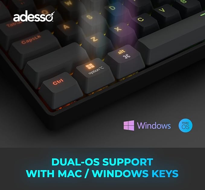 Adesso EasyTouch 1000 Wired/Wireless/Bluetooth Multi-OS Illuminated Mechanical VIA Mini Keyboard with Copilot Ai Hotkey