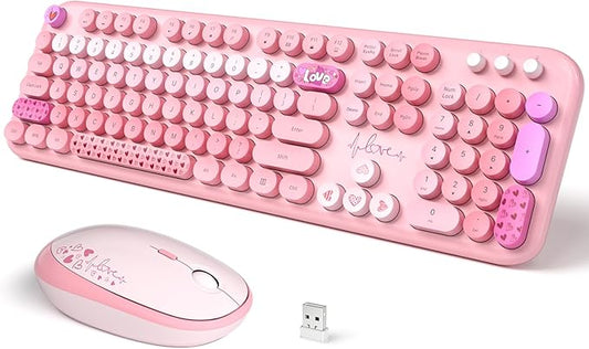 Wireless Keyboard and Mouse, SQMD Colorful Typewriter Retro Keyboard with Round Keycaps, 2.4GHz USB Full-Size Keyboard and Mouse Set for Mac PC Desktop Laptop (Pink Colorful)