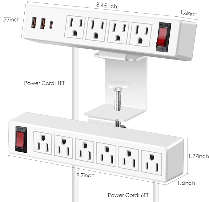 Desk Clamp Power Strip with PD20W USB-C, 2 in 1 Dual Layer Under Desk Power Strip, Removable Clamp Power Socket with 10AC Outlets & Switch, 6ft Extension Cord(ETL Listed)