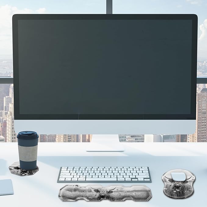 Ergonomic Mouse Pad with Wrist Support and Keyboard Wrist Rest Set + Coaster,Cute Mouse Pads Non Slip Rubber Base Mousepad for Computer Laptop Home Office Working Gaming,Highland Cow Ox Cattle