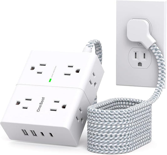 Surge Protector Power Strip 6 Ft Cord, Flat Extension Cord with 8 Outlets 4 USB Ports(2 USB C), 1080 J, Wall Plug Outlet Extender, Flat Plug Power Strip for Home Office Dorm Room Essentials