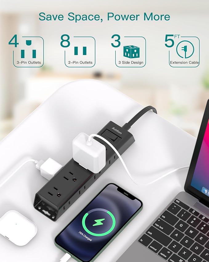 Extension Cord Flat Wall Plug - Surge Protector Power Strip with 12 Outlets, 5ft, Outlet Extender with Multiple Outlets, Wall Mount, Desk Charging Station for Home Office Dorm Room Essentials, Black