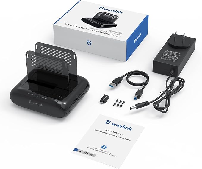 WAVLINK Dual Bay Hard Drive Docking Station - USB 3.0 to SATA I/II/III for 2.5" & 3.5" HDD/SSD with Fixed Bezel, Supports Offline Clone/Duplicator Function, Supports 2x20TB with UASP 6Gbps - Black