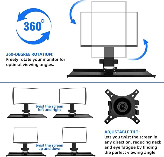 Monitor Wall Mount with Keyboard Tray and PC Wall Mount Set, Monitor and Keyboard Wall Mount Height Adjustable Fits 17"-32" Computer Screens, All in One PC Wall Mount with VESA Standard, 26" Wide Plat