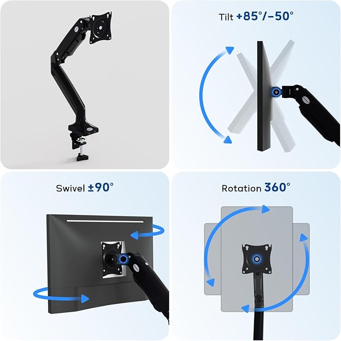 MEASUREMAN Premium Gas Spring Monitor Desk Mount, Full Motion Articulating Single Arm for Ergonomic Height Adjustment | Fits 17 to 35 Inch Screens up to 22 lbs, VESA 75x75 & 100x100mm